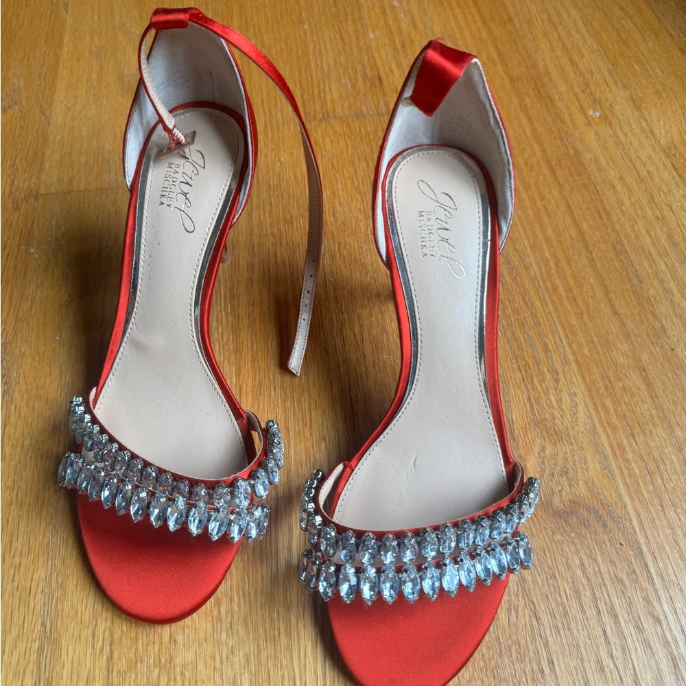 Jewel Badgley Mischka Red Satin Heels with Crystal Accents